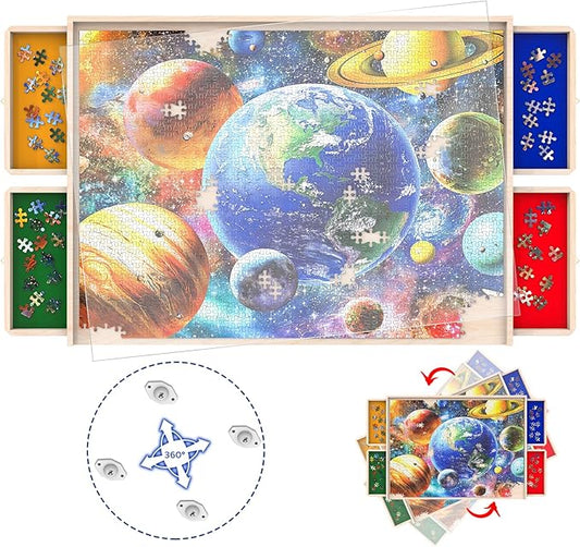 Puzzle Board with Drawers Rotatable 360-Degree Wheels and Cover 30" x 22" 1000 Piece Wooden Jigsaw Puzzle Table Storage Organizer Portable Lightweight Design