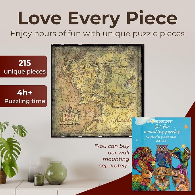 Crafthub Lord of The Rings Wooden Puzzles for Adults – A3 Size with 215 Pieces Wood Puzzles – Middle Earth Map – Jigsaw Puzzles with Unique Shapes – 10.5" x 10.5"