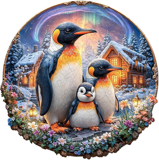 Wooden Puzzles for Adults - Aurora Penguins Wooden Jigsaw Puzzle 95 pcs - Unique Animal Shape Wood Cut Puzzles - Eco-Friendly Home Office Decor (8.4 * 8.4in)