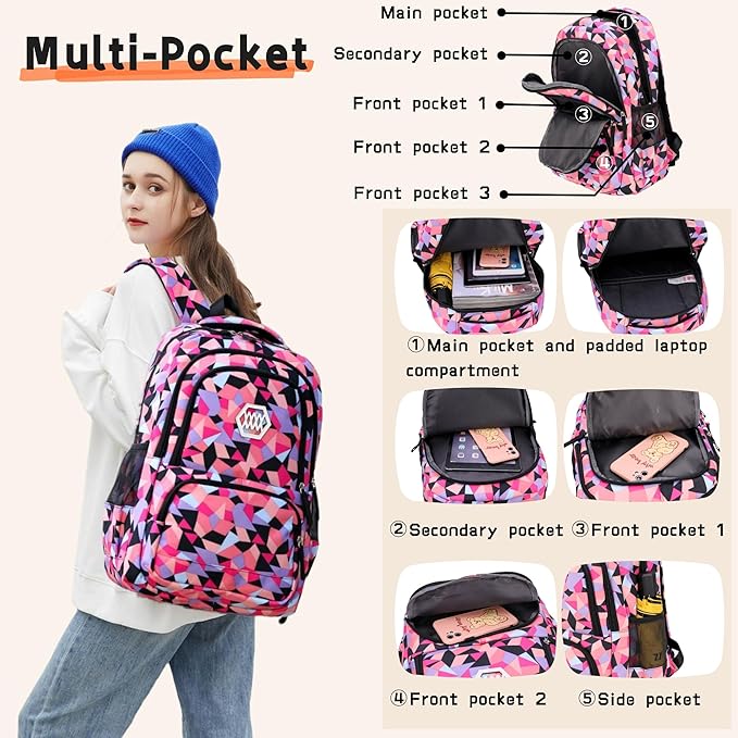 3Pcs Geometric Print Kids Backpack Set for Girls with Lunchbag, Purple Girls Backpack Elementary Middle School Bag Bookbag