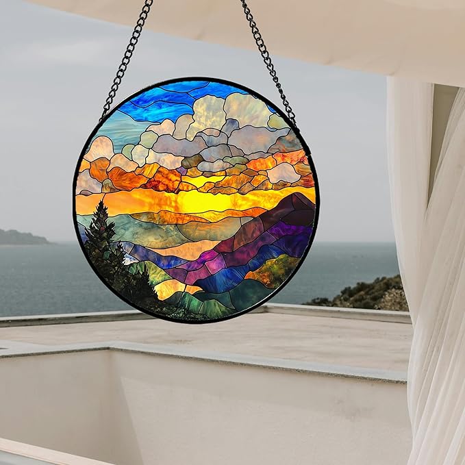 Stained Glass Window Hanging, Abstract Clouds Mountains Landscape Suncatcher for Doors Window Home Sun Catchers Decor Mother's Day Birthday Gifts for Women, Men Mom 11.8 in