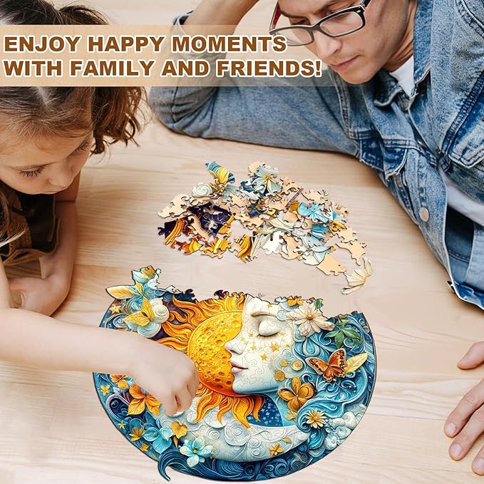 WOODBESTS Wooden Puzzles for Adults, Moon Sun & Girl Wood Puzzles Adult(100 Pieces, S, 8.5 * 8.5in), Unique Shape Wooden Animal Jigsaw Puzzles, Birthday Gifts for Adults Family Game