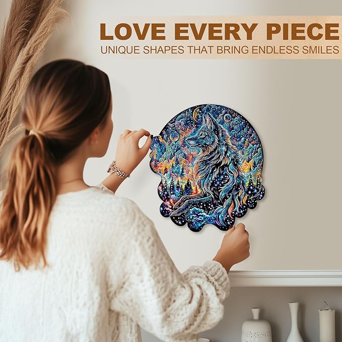 KAAYEE Wooden Puzzles for Adults, 3D Visual Effect Wolf Nebula Wooden Jigsaw Puzzle Unique Shape Wood Puzzle Adult, 3D Effect Flat Puzzle Birthday Family Game (M-11.4 * 10.4in-180pcs)