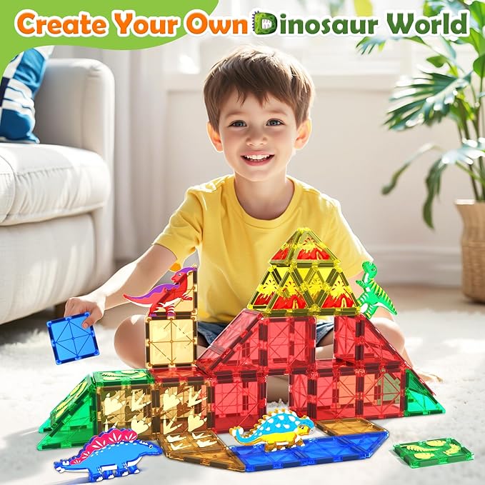 Dinosaur Toys Magnetic Tiles Jurassic Scenes Dinosaur World, Magnetic Blocks STEM Sensory Toddler Kids Games, Creative Toys Gifts for 3+ Years Old Boys Girls for Kids 3-5 5-7