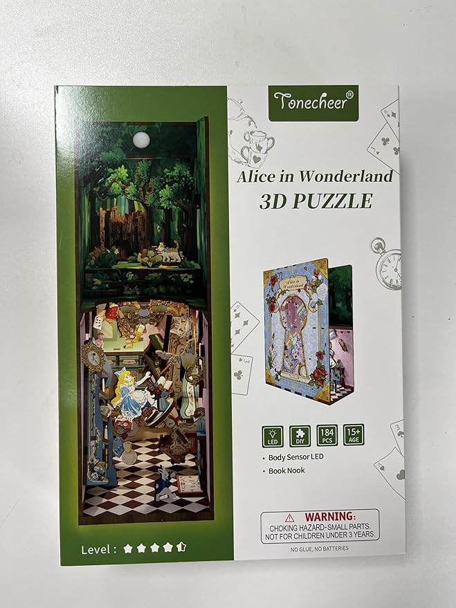 Tonecheer DIY Book Nook Kit for Adults,3D Wooden Puzzle Bookend Bookshelf Insert Library Decor, Booknook Miniature House Kit with Body Motion Sensor LED Light (Alice in Wonderland)
