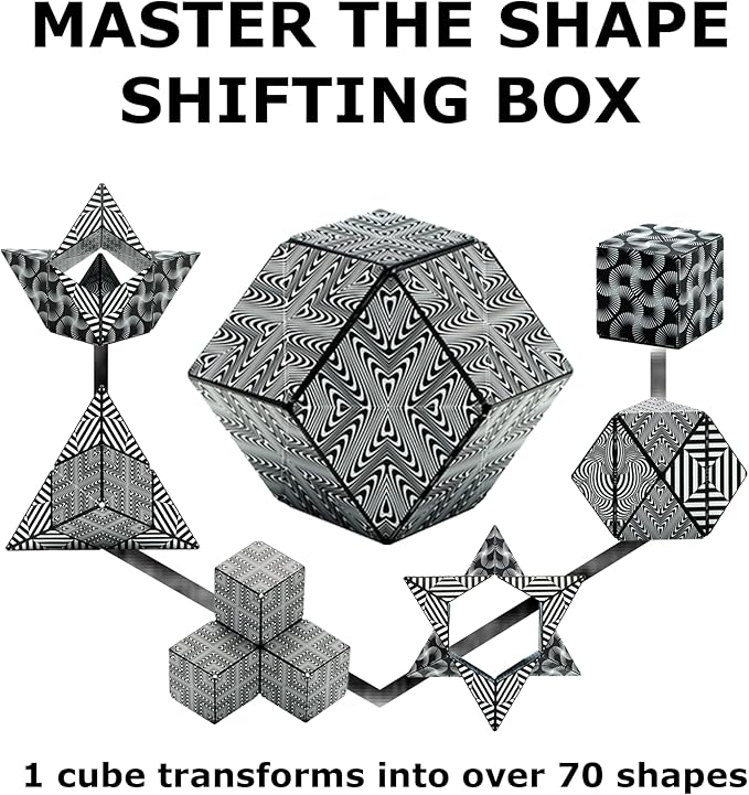 Shashibo Shape Shifting Box - Award-Winning Fidget Toy w/ 36 Rare Earth Magnets - Fidget Cube Transforms Into Over 70 Shapes, Sensory Toy Gift for Kids, Teens, and Adults (Black & White)