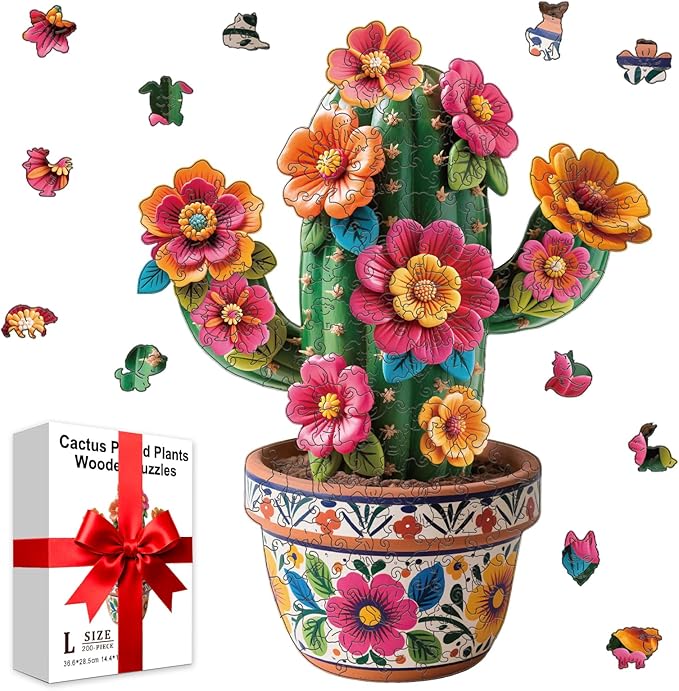 Cactus Wooden Puzzles Adults, 200 Piece Puzzles Vase for Adults Cactus Jigsaw Puzzle Art Unique Shape Puzzle Gift Fun Challenge Family Game Home Decor