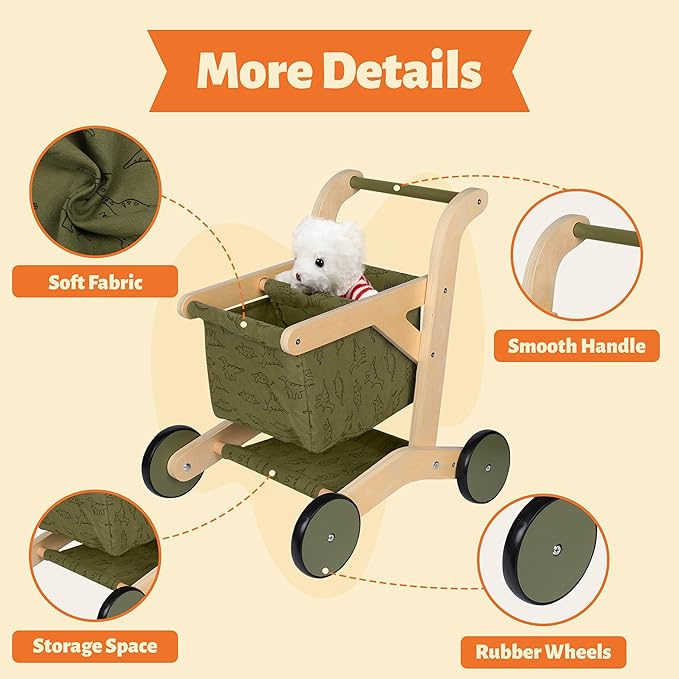 Kids Shopping Cart & Wooden Baby Walker – Baby Doll Stroller for Toddlers 1-3, Push Toy Walker, Montessori Toddler Walking Toy & Baby Shopping Cart – Durable Toddler Walker Push Toy