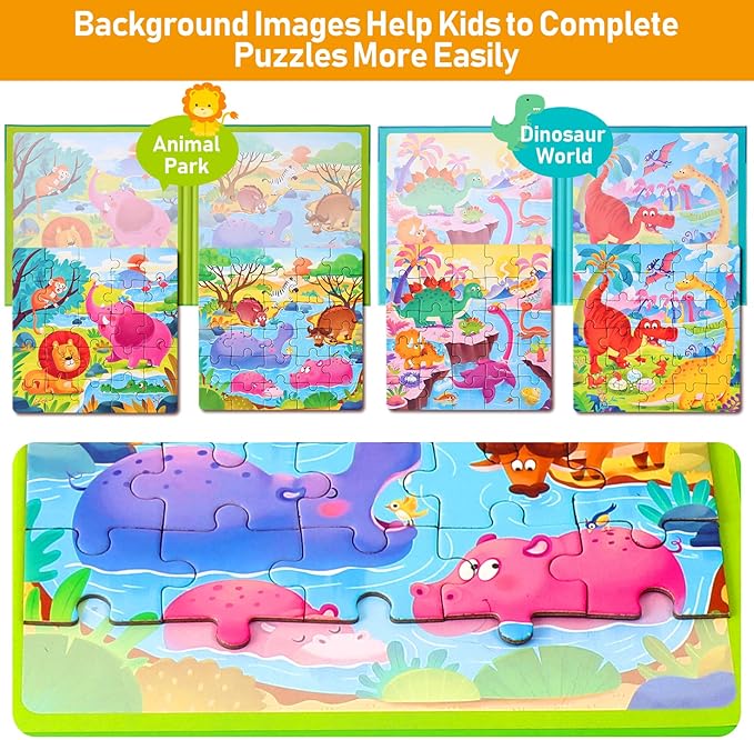 Magnetic Puzzles for Kids Ages 3-5, Two-Book Set, Dinosaur Animal Jigsaw Puzzle Magnet Books Travel Games Montessori Preschool Learning Activities Toddler Toys for 3 4 5 6 Year Old Boys Girls