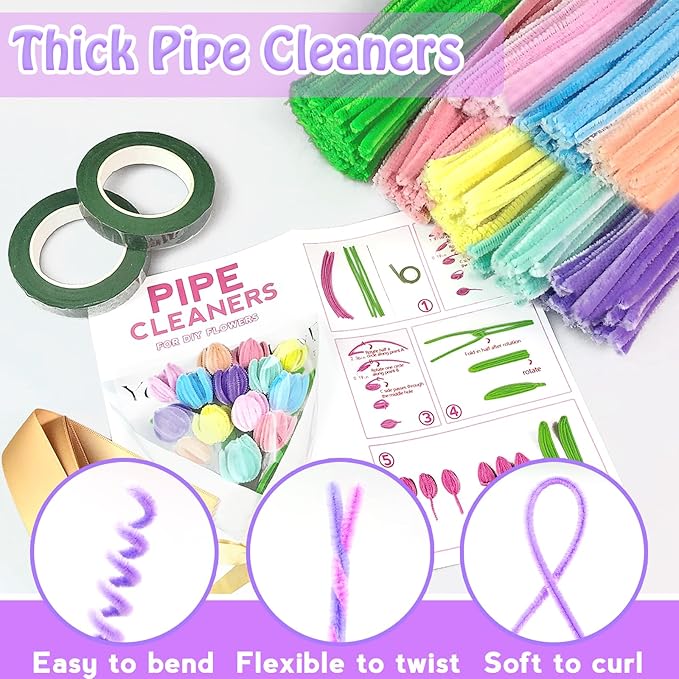 Pipe Cleaners Craft Kit 8 Assorted Colors Pipe Cleaners Bulk Flower Making Kit Chenille Stems DIY Arts and Crafts Supplies for Kids Adults Creative Bouquet Festival Home Decor Toys Gifts, Tulip