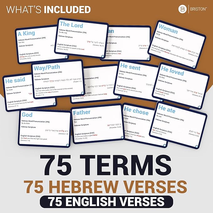 Briston Hebrew Biblical Terms Flash Cards - 75 Cards for Learning Hebrew & English Biblical Language - Ideal for Bible Study, Schools, Homeschooling, Religious Education & Deep Knowledge