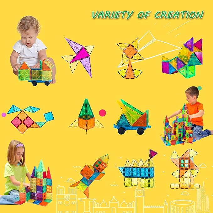 Bmag 100PCS Magnet Building Blocks with 2 Cars for Kids, Magnetic Tiles Stacking Building Set for Boys Girls, STEM Preschool Educational Learning Construction Toy