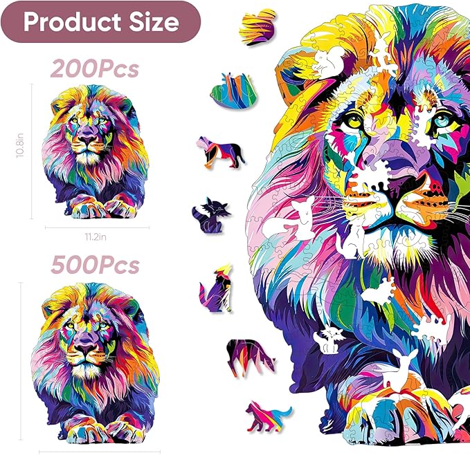 Mys Aurora Wooden Puzzles for Adults, Lion Jigsaw Puzzles 200 Pieces, Unique Shaped Puzzle for Adults and Kids, Ghristmas Gift Family Game 10.8 x 11.2 Inch