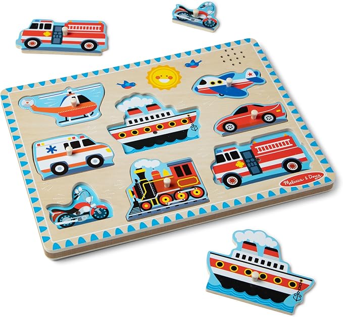 Melissa & Doug Vehicles Sound Puzzle – 8-Piece Wooden Peg Puzzle with Light-Activated Sounds, Music Learning Toy for Toddlers and Preschoolers Ages 2+