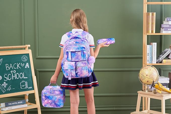 Fimibuke Girls Backpack with Lunch Box & Pencil Bag - Waterproof Kids Backpack for Ages 6+ Elementary Middle School Teens, Roomy Interior & Multi-Pocket