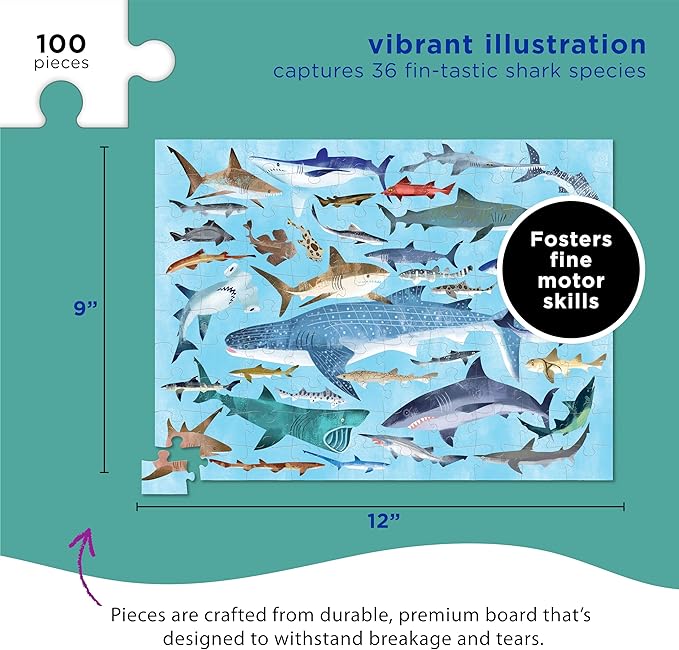 Crocodile Creek 100-Piece Jigsaw Puzzle for Kids Ages 5 and Up - Fun and Educational Table or Floor Puzzles - Storage Canister with Handle - Sharks - 14” x 19” Finished