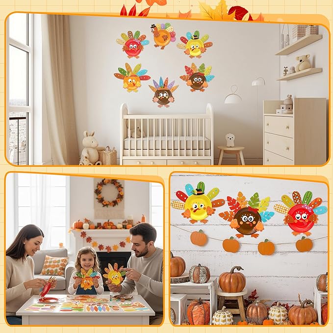 Bafeil 24 Sets Thanksgiving Turkey Craft Kits DIY Autumn Make a Turkey Paper Plate Crafts Turkey Ornaments Decorations Art Sets for Festive Fall Autumn Thanksgiving Party Classroom Activities