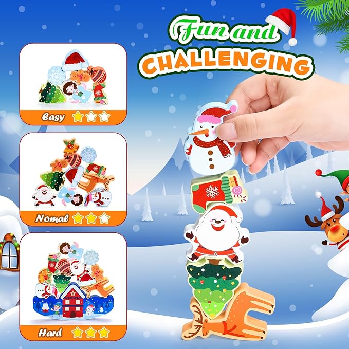 Christmas Birthday Gifts Stacking Toys for Kids 3-10 Stocking Stuffers for 4 5 6 7 8 9 10 Year Old Grandkids Girls Boys Wooden Blocks Toy Balance Competition Game for Kid Ages 5-7