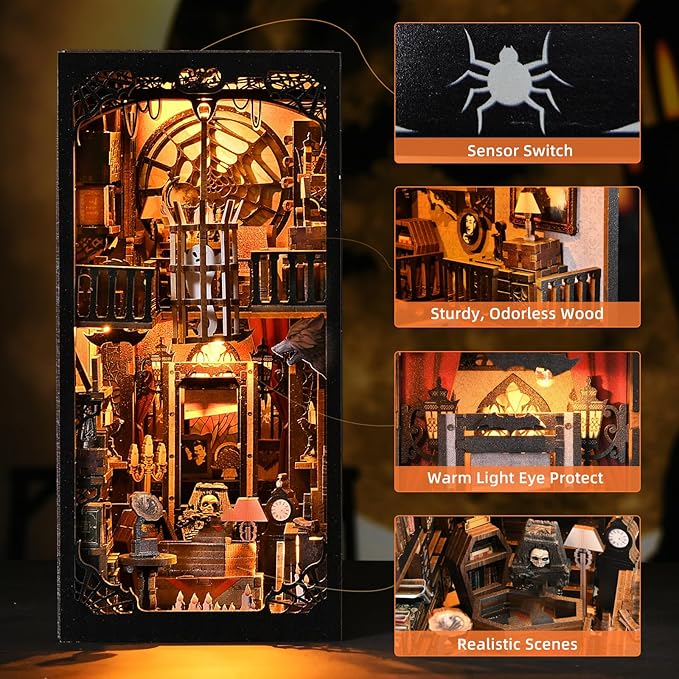 Book Nook Kit - Haunted Manor DIY 3D Wooden Puzzle for Adults, Horror Bookshelf Insert with LED Lights, Halloween Home Decor Gift,The Gothic Dark Family