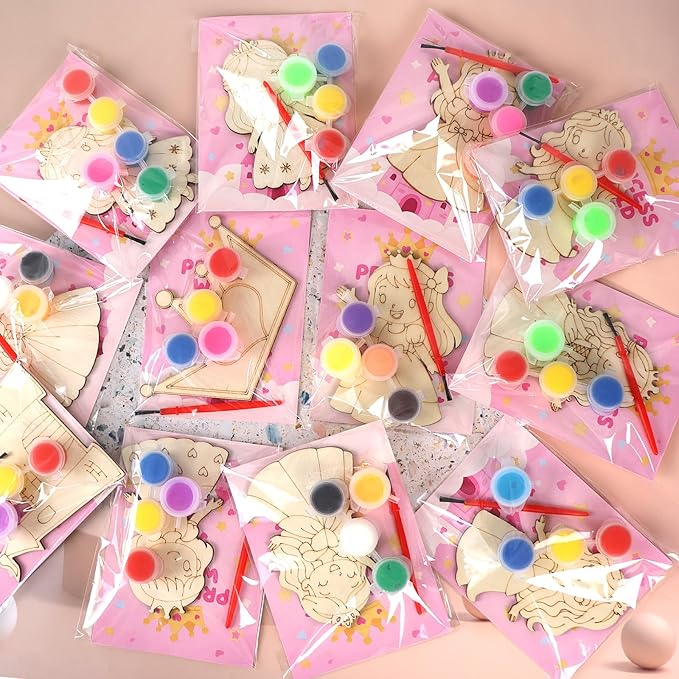 LARDUX Princess Party Favors, 24PCS DIY Wooden Arts & Crafts Painting Kit for Kids, Glow in The Dark Party Favors Family Crafts Birthday Party Christmas Gifts Toys for Boys Girls