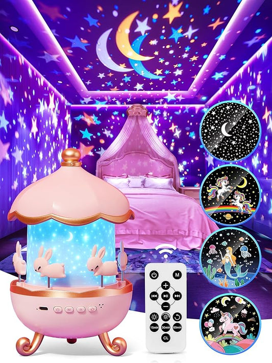 Carousel Night Light for Kids, 10 Music+15 Films+315 Colors Star Projector for Kids Night Light Projector,360°+Remote+1200mah Star Lights for Ceiling, Unicorn Toys for Girls Room Decor Princess Gifts