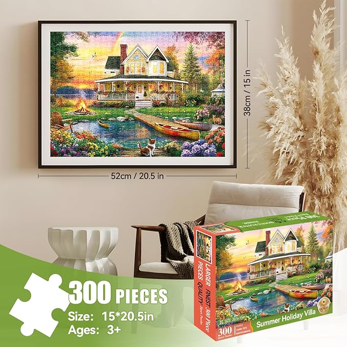 300 Piece Puzzle for Adults, Jigsaw Puzzle, Lakeside Villa with Cat and Garden, Family Kids and Adults Fun Gift, 20.5x15 in
