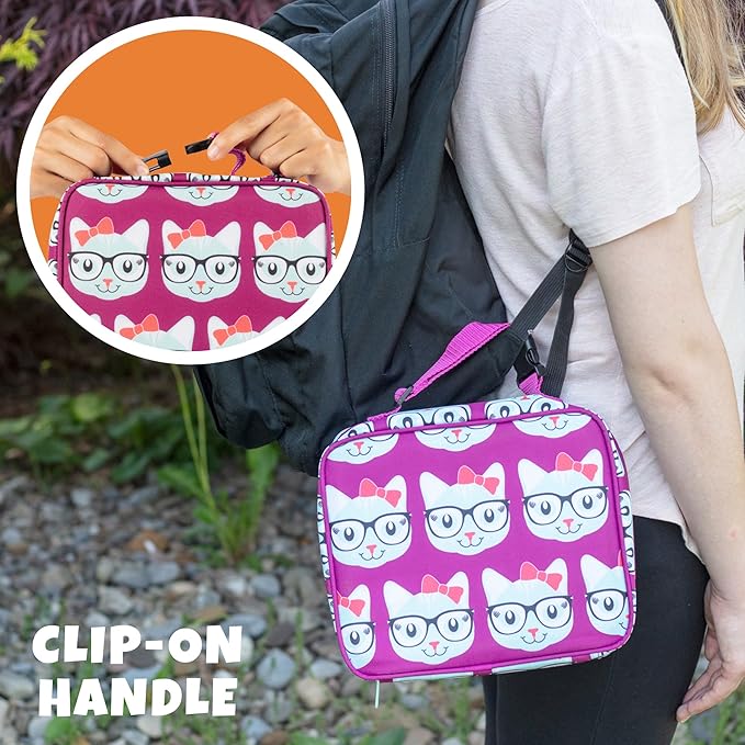 Bentology Kids Lunch Bag Set w Matching Reusable Food Jar & Hard Ice Pack- Kitty- Insulated Tote, Stainless Steel thermos & Freezer Pack to Keeps Food Fresh for Hours- Back to School Lunch Box Kits