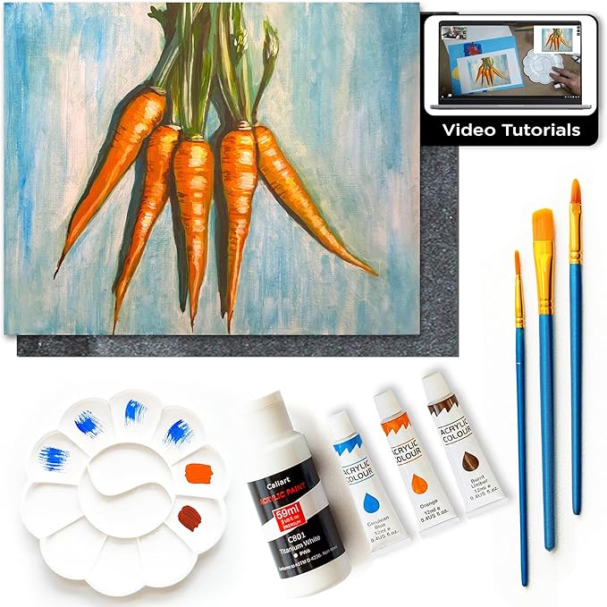 Painting4Real DIY Painting Class Kit for Adults with Video Tutorials: Learn to Paint Carrots – How to Paint with Acrylics – Painting & Art Supplies – 9 Piece Acrylic Paint Set