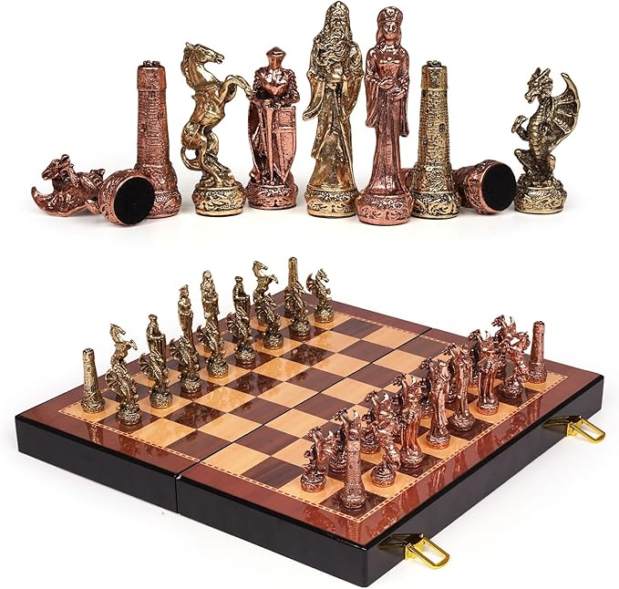 Vintage Figurine Chess Set for Adults and Kids - Wooden Board With Metal Pieces - Travel Chess Set - Collectible Elegant Game - Family Vintage Board Game