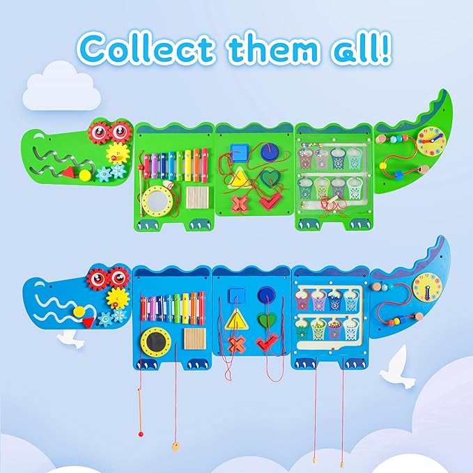Crocodile Sensory Toys Activity Wall Panels - Montessori Busy Board, Toddler Learning Panel, Wall-Mounted Playroom/Daycare Educational Toys, Interactive Wooden Gift for Kids 3-6, Blue