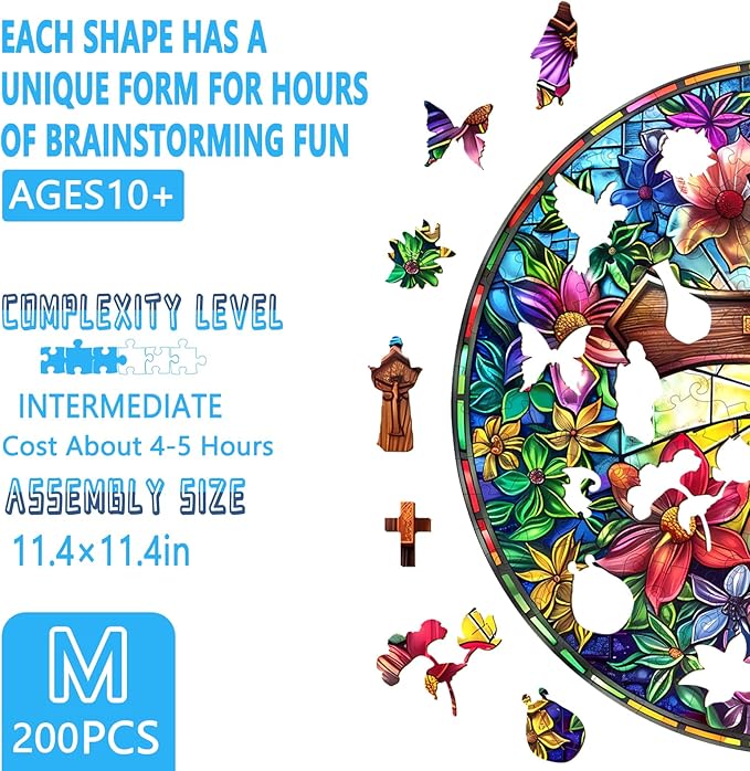 Wooden Puzzles for Adults, Stained Glass Cross Wooden Jigsaw Puzzle for Adults, Colorful Flowers Wood Puzzles Adult, Unique Shape, Fun Gifts for Friends & Family, Home Decor(M -11.4 * 11.4in-200 pcs)