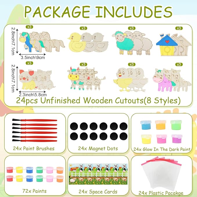 LARDUX Farm Animal Party Favors, 24PCS DIY Wooden Arts & Crafts Painting Kit for Kids Ages 4-8 8-12, Glow in The Dark Party Favors Family Crafts Birthday Party Christmas Gifts Toys for Boys Girls