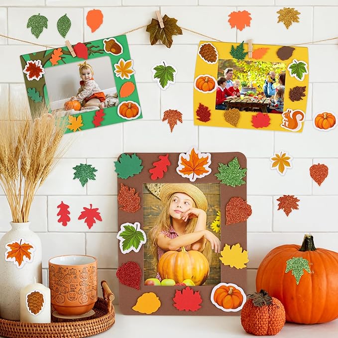 Fovths 24 Packs Fall Foam Picture Frame Kits Thanksgiving DIY Frame Crafts Fall Leaf Picture Craft Autumn Theme Picture Frames with 300 Leaf Stickers for Thanksgiving Party Favors Birthday