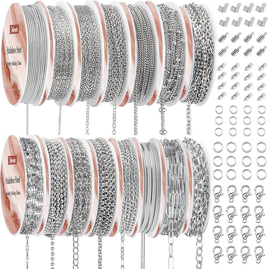 Wisreach Necklace Chains for Jewelry Making, 118 Feet 15 Rolls Stainless Steel Jewelry Chains for DIY Necklace Bracelet Making with Stainless Steel Jump Rings/Lobster Clasps/Connectors