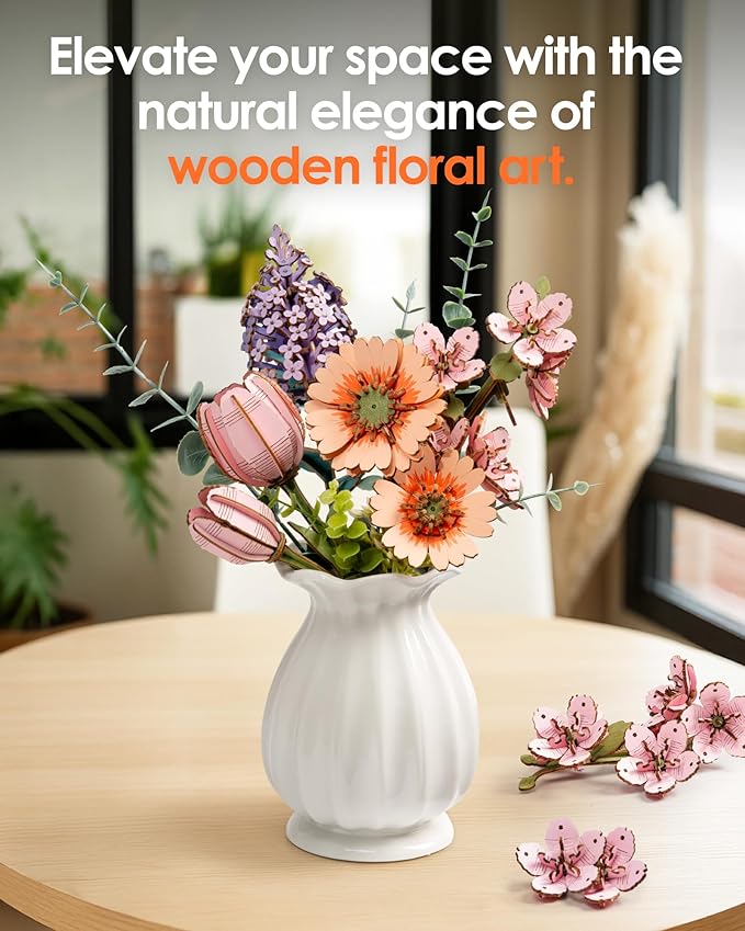 rowood 3D Puzzles for Adults,DIY Wooden Flower Building Craft Kits for Women,Christmas/Birthday Gift- Orange Gerbera Daisy