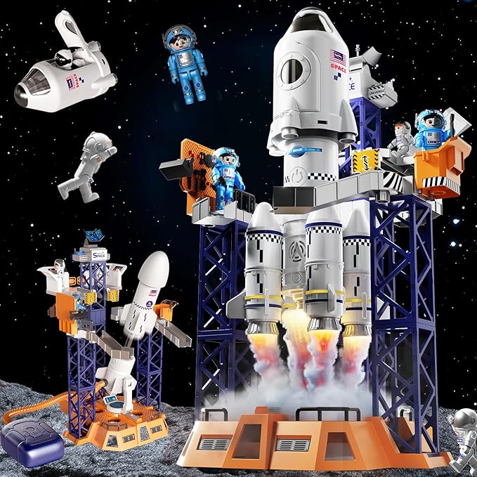 2-in-1 Rocket Launcher and Space Shuttle Toys Model for Kids Ages 3-12, Aerospace STEM Building Toys with Mini Projector, Spaceship Educational Toys Gifts for Boys Girls