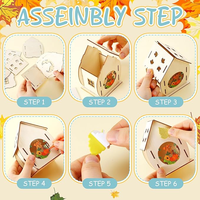 12 Sets Thanksgiving Wooden Houses Craft Harvest Graffiti Turkey House Pumpkin Maple Leave DIY Table Decor 12 DIY Unfinished Craft Kit 12 Watercolor Pens 100 Foam Stickers