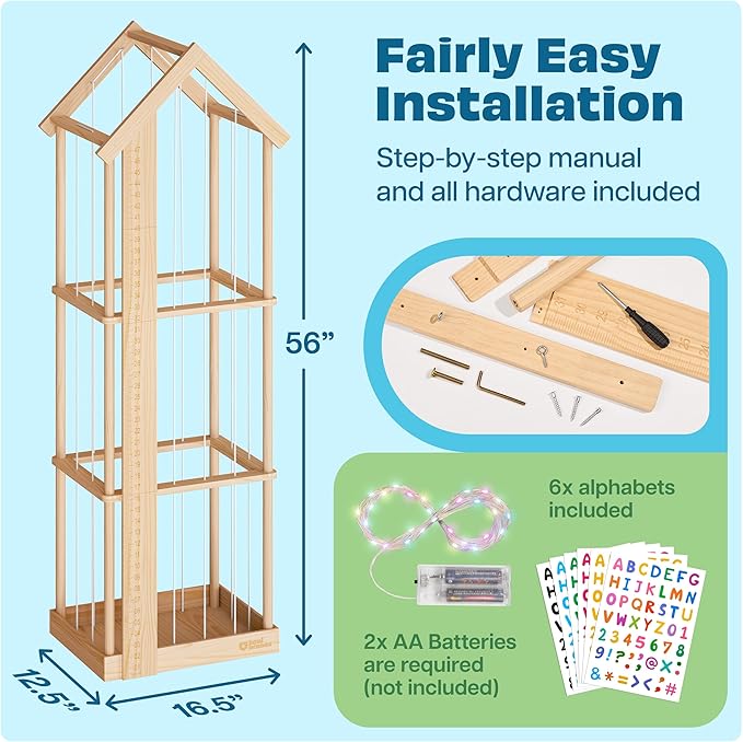 Stuffed Animal Zoo Storage Cage | Wooden Plush Tower Storage | Durable Plush Toy Stuffie Holder | Vertical Jail Organizer with Height Ruler, Stickers & RGB Light (Large)