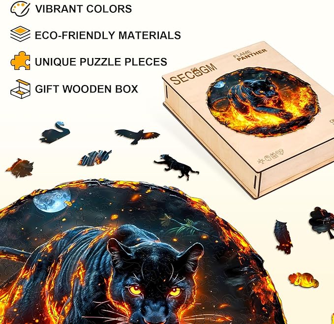 Wooden Puzzles for Adults - Flame Panther Wood Puzzles Adult - Unique Animal Shape Wooden Jigsaw Puzzles for Adults - Birthday Gifts for Puzzle Lovers, Family (8.5 * 7.9in)