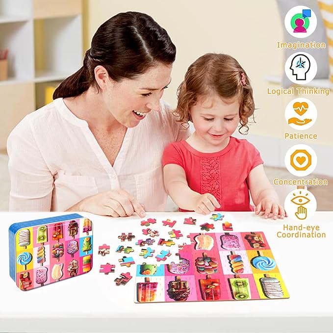 LELEMON Puzzles for Kids Ages 4-6,Popsicle 100 Piece Puzzles for Kids in a Metal Box, Educational Jigsaw Puzzles 100 Piece Puzzle Games for Girls and Boys