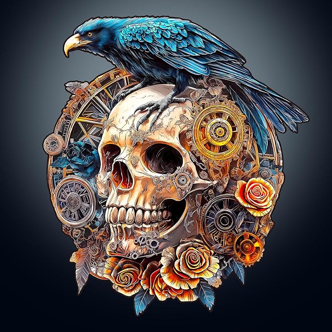 KAAYEE Wooden Puzzles for Adults, 3D Visual Effect Raven & Mechanical Skull Wooden Jigsaw Puzzle Unique Shape Wood Puzzle Adult, 3D Effect Flat Puzzle Birthday Family Games (S-8.5 * 7.5in-95pcs)