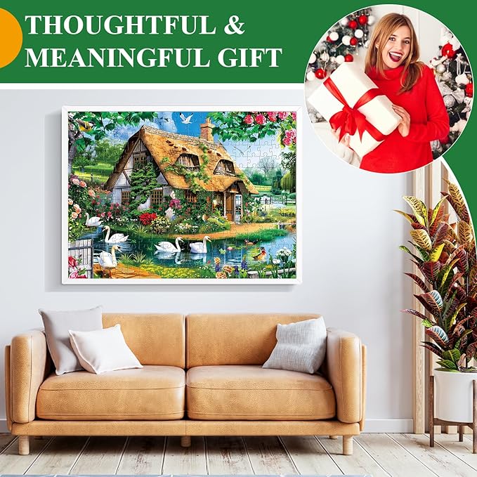 300 Piece Puzzles for Adults, Country Cottage Lake Puzzle for Adults Kids Seniors,Large Piece Landscape Puzzle for Kids 8-10 10-12,Garden Swan Flowers House Puzzles Perfect for Game Nights,20.5x15 in