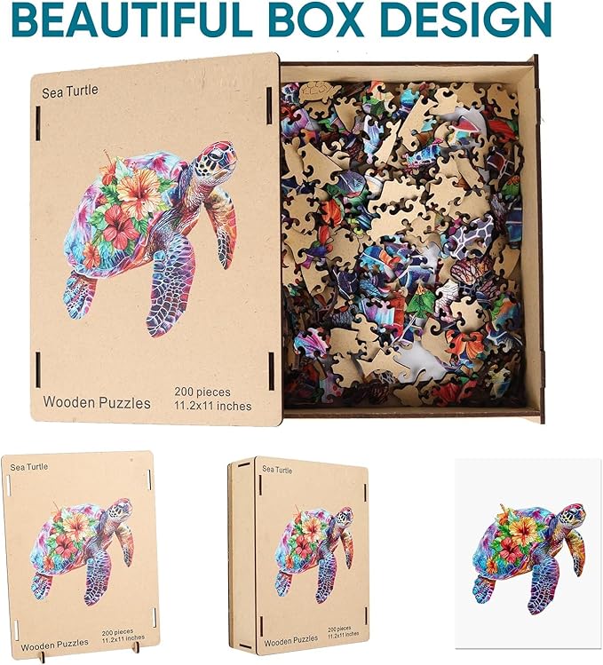 Wooden Jigsaw Puzzle, 500 Pcs Unique 3D Shape Jigsaw Puzzles, Wood Puzzle Gift Box Packing, Medium Size Letter, Creative Gift for Adults and Kids, Fun Challenging (EA2Turtle, 500PCS)
