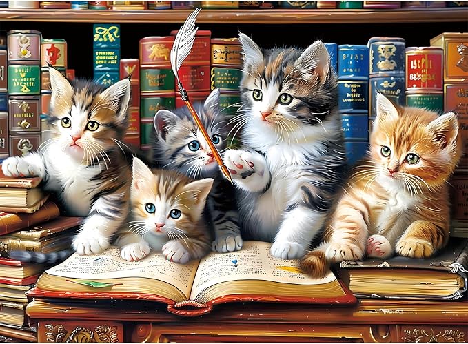 300 Piece Puzzle for Adults, Cats Library Jigsaw Puzzle, Funny Kitten Bookshelf Puzzles, Animal Pet Lover Challenging Puzzles for Friends Family Activity Game Nights Gifts, 20.5x15 in