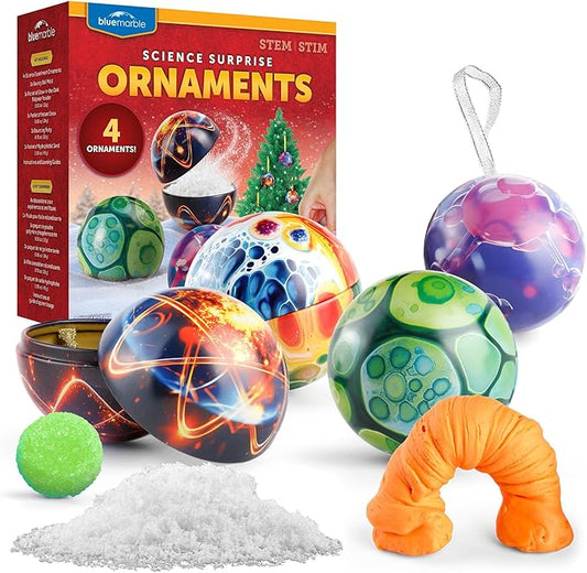 Blue Marble Science Surprise Christmas Ornaments – 4 Ornaments with Holiday Science Experiments Inside - Bouncy Ball, Instant Snow, Bouncing Putty & Hydrophobic Sand, Learning Guide & Instructions