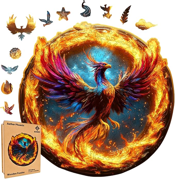 Wooden Jigsaw Puzzle, 200-500 Pieces Unique Shape Animal Puzzle, for Adults & Kids, Birthday Gift Family Game, Decorative Puzzle, Unique Gift (Aether Phoenix, 200 PCS)