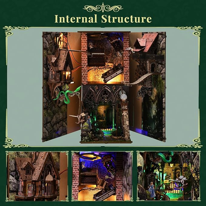 DIY Book Nook Kit for Adults, 3D Wooden Puzzle Bookend Bookshelf Insert Decor with LED Light and Dust Cover (Down The Rabbit-Hole Alice in Wonderland)