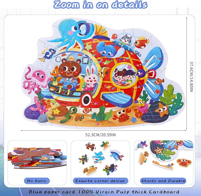 Puzzles for Kids Ages 4-8,59 Piece Unique Large Irregular Animal Shaped Art Puzzle,Floor Puzzles for Kids Ages 3 4 5 6 7 8,Educational Toy Gift Jigsaw Puzzles for Boys Girls (Submarine Adventure)