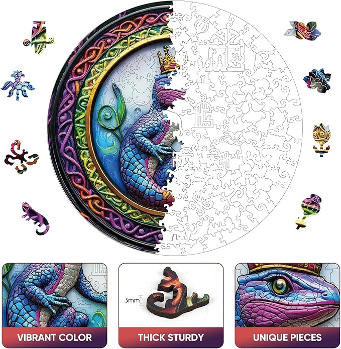 Wooden Jigsaw Puzzle, 200 Pcs Unique 3D Shape Jigsaw Puzzles, Wood Puzzle Gift Box Packing, Medium Size Letter, Creative Gift for Adults and Kids, Fun Challenging (200PCS, Chameleon)