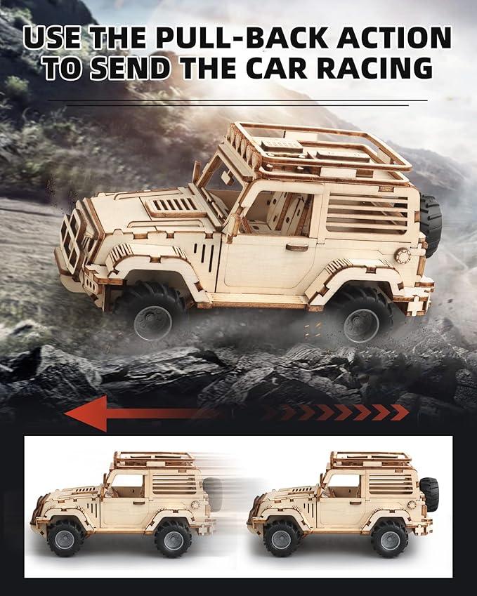 3D Wooden Puzzle Off-Road Car for Adults, Brain Teaser 3D Puzzles for Kids and Adults to Build, 125pcs Wood Craft Pull Back Truck Cars, Christmas Birthday Gift for Teens Men Women